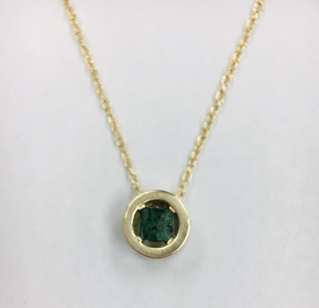 “Square Peg in a Round Hole” Sisterhood Pendant in Yellow Gold Emerald Gemstone and 14k Yellow Gold Chain